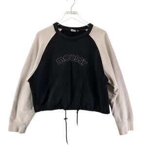 Moussy Vintage Sweatshirt Free Size Oversized Cropped Black Beige Raglan Sleeves